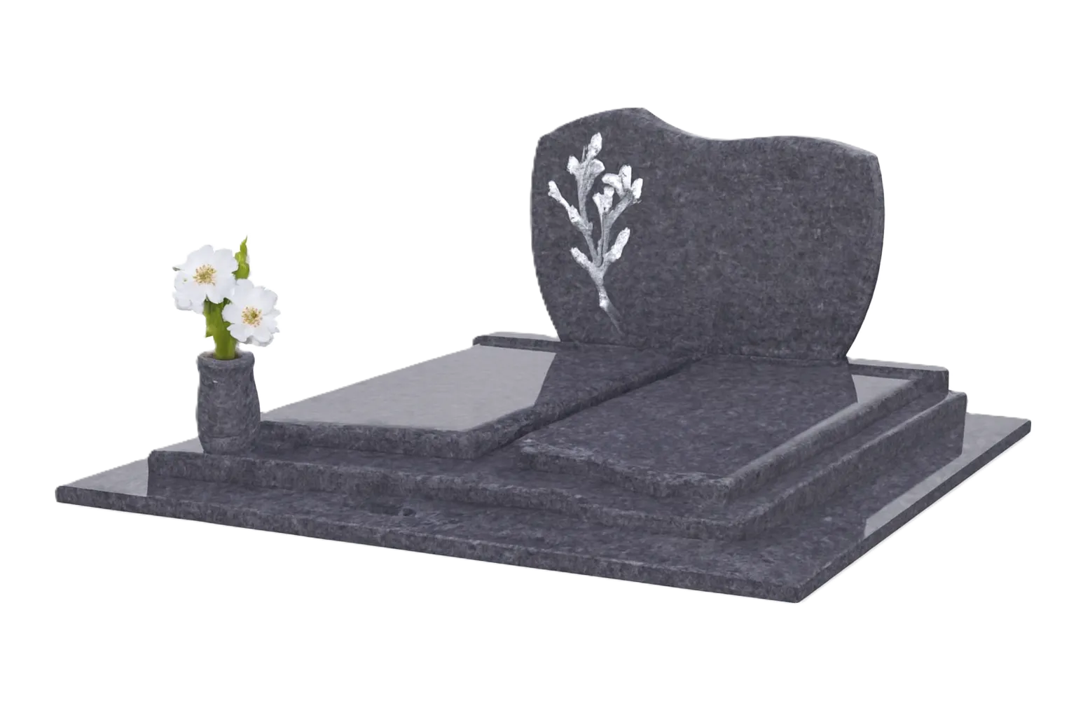 Monument funéraire en granite gris foncé avec stèle gravée d'un motif floral et petit vase intégré
