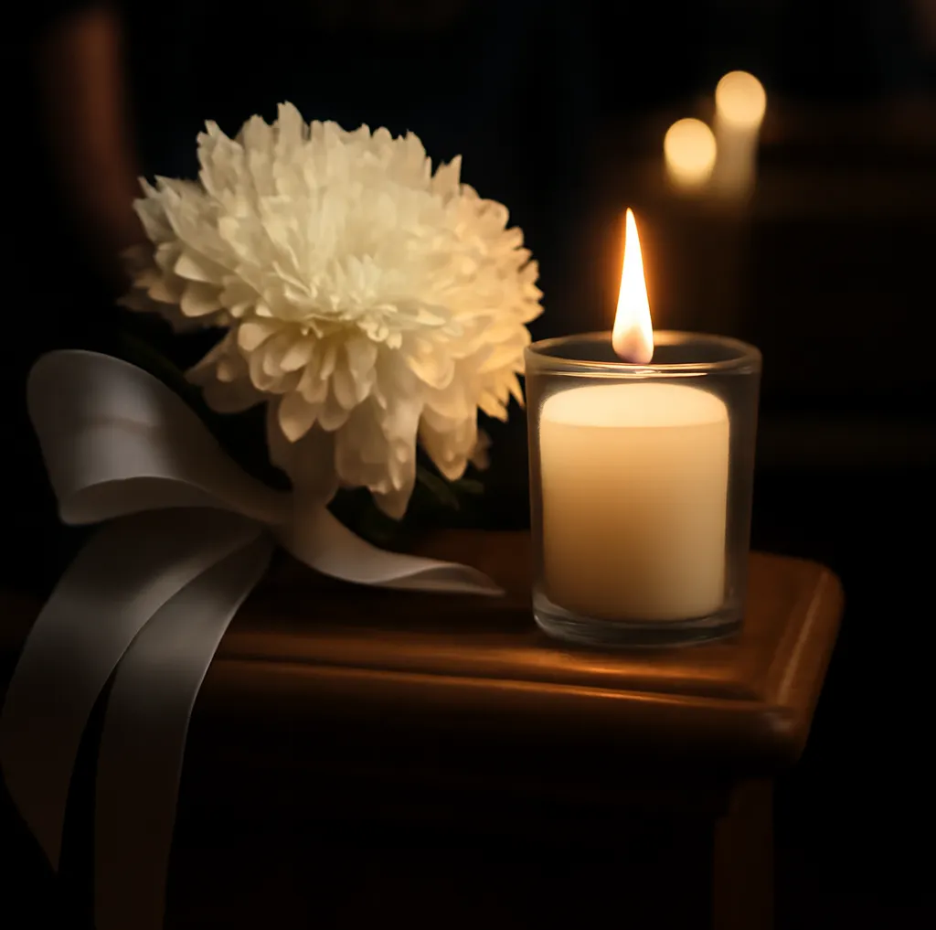 Bougie allumée dans un verre à côté d'un bouquet de fleurs blanches lors d'une cérémonie