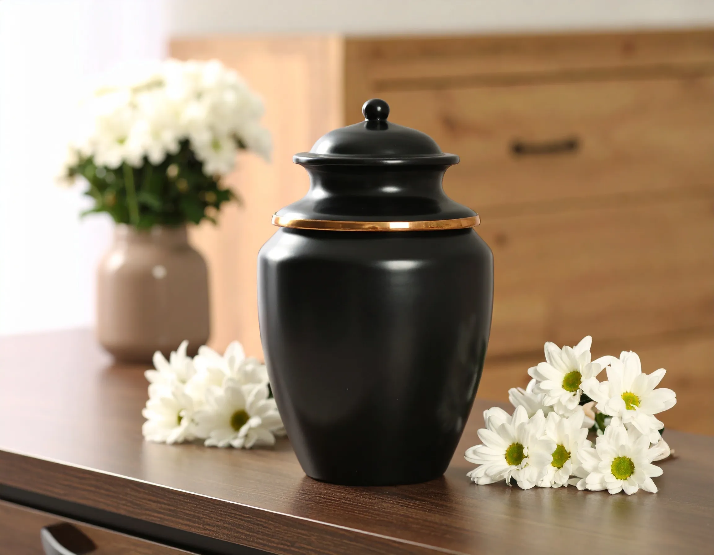 Urne funéraire noire avec liseré doré posée sur un meuble à côté de fleurs blanches