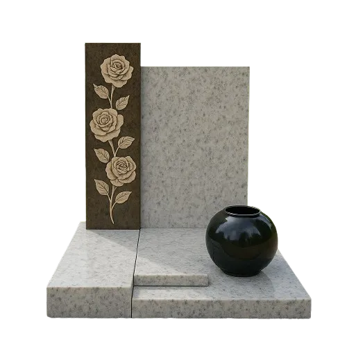 Pierre tombale moderne en granite clair avec stèle gravée de roses et vase funéraire